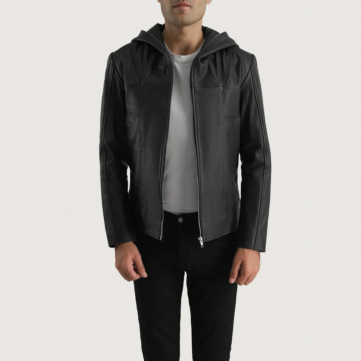 
Spratt Nero Hooded Giacca in Pelle da Uomo in Black Goatskin Leather - Vista frontale e silhouette sartoriale | Acquista online