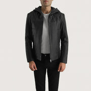 
Spratt Nero Hooded Giacca in Pelle da Uomo in Black Goatskin Leather - Vista frontale e silhouette sartoriale | Acquista online