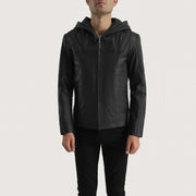 
Black Goatskin Leather Hooded Jacket - Vista posteriore con spalle definite e orlo pulito