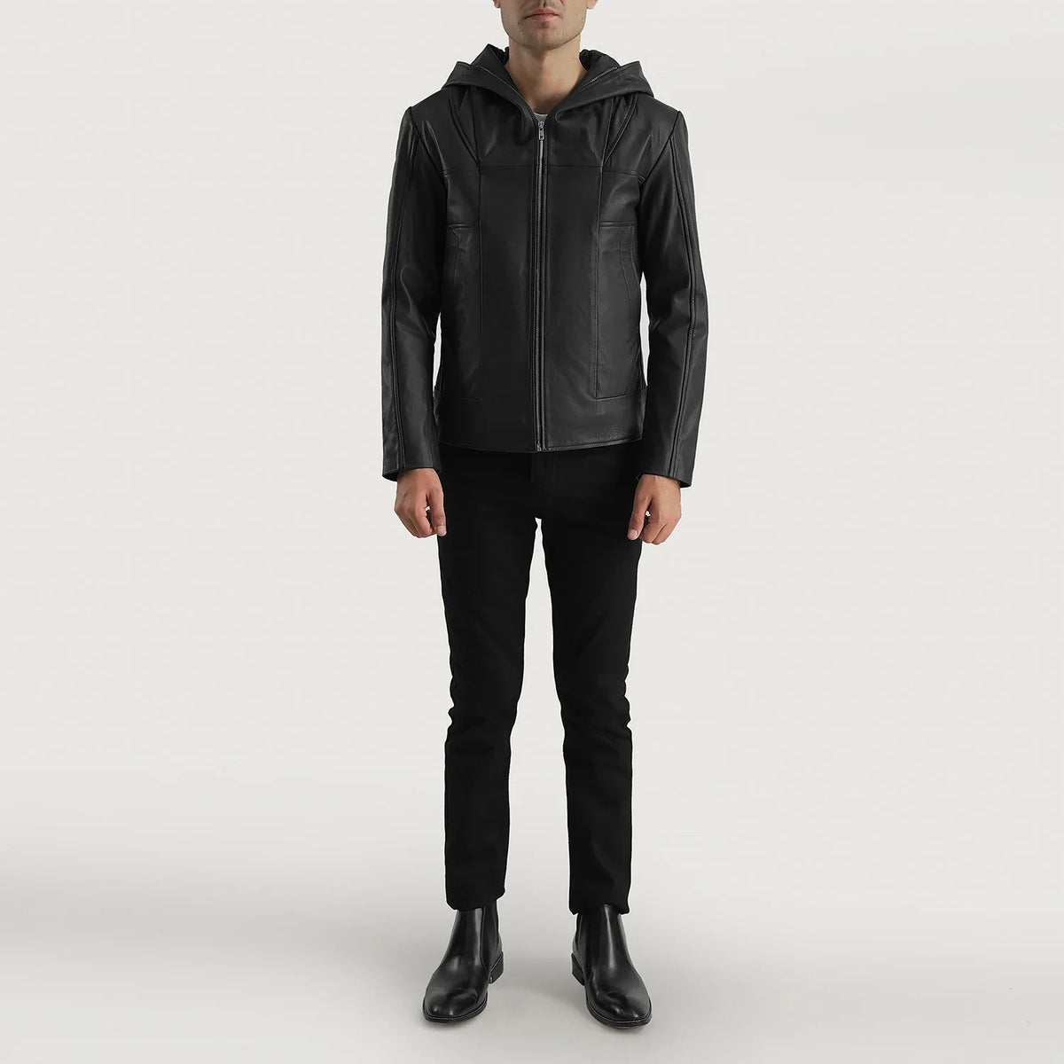 
Dettaglio ravvicinato of Hooded & Zipper Hardware on Spratt Nero Hooded Giacca in Pelle da Uomo