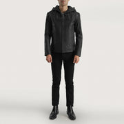 
Dettaglio ravvicinato of Hooded & Zipper Hardware on Spratt Nero Hooded Giacca in Pelle da Uomo