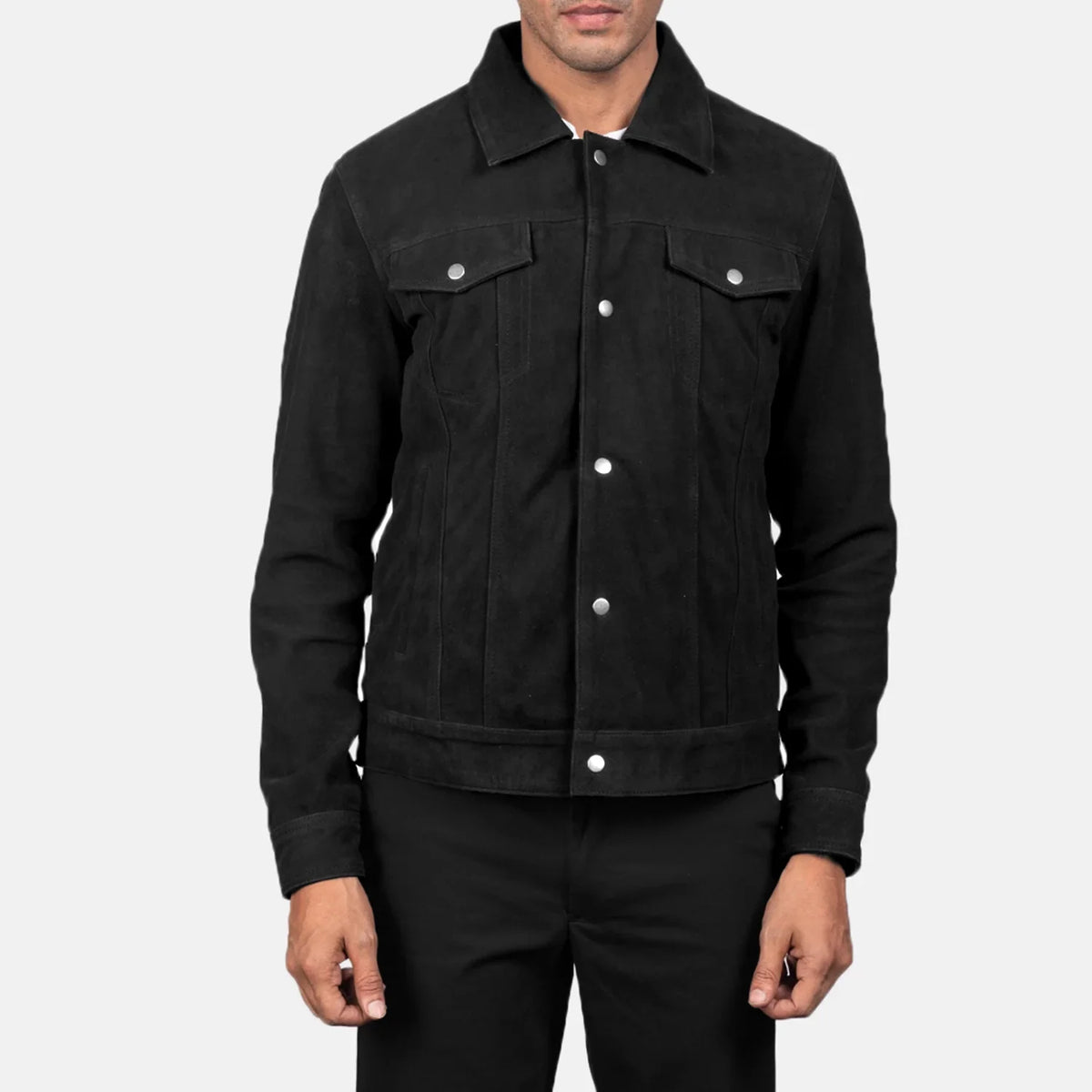 Dettaglio ravvicinato of Shirt &amp; Snap Button Hardware on Men's Stallon Black Suede Jacket