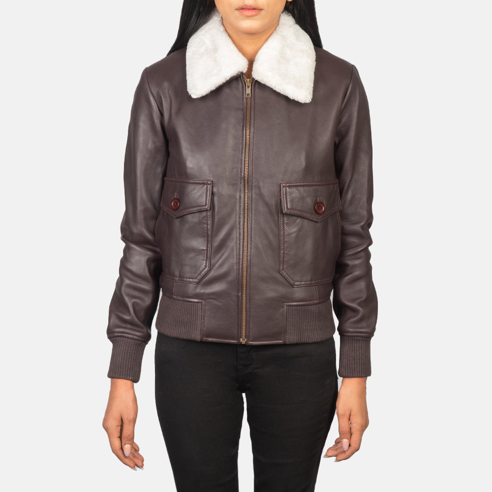 Dettaglio ravvicinato of Shirt with Removable Collar &amp; Zipper Hardware on Women's Stella G-1 Maroon Leather Bomber Jacket