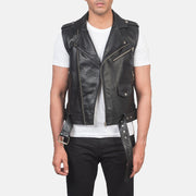 Men's Sullivan Nero Leather Biker Vest da Uomo in Black Cowhide Leather - Vista frontale e linea su misura | Acquista online