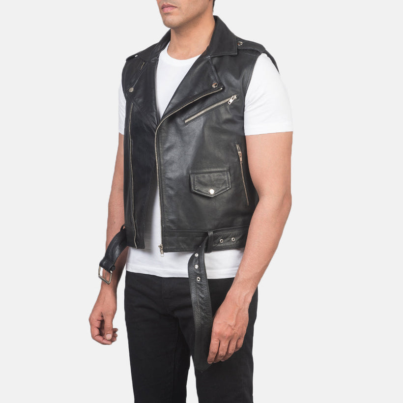 Sullivan Nero Leather Biker Vest da Uomo
