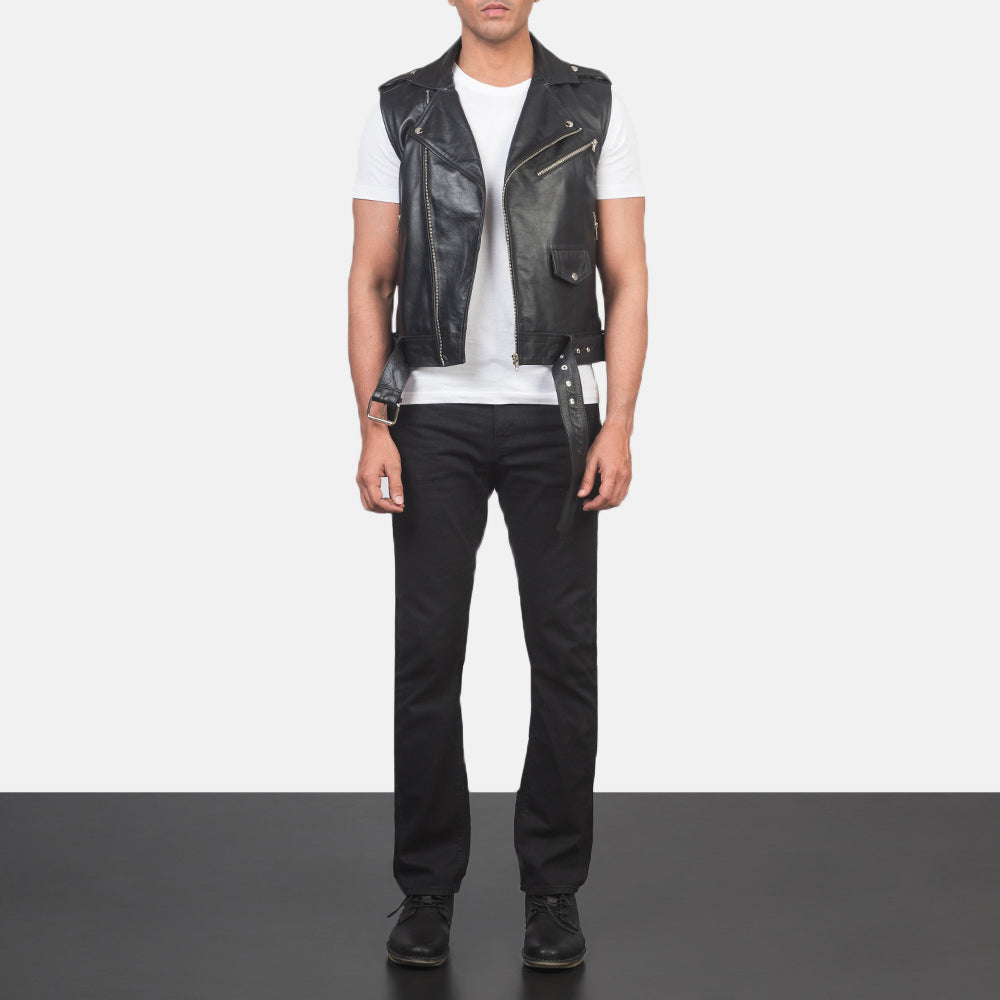 Men's Sullivan Nero Leather Biker Vest da Uomo - Lateral Side Profile View Showing Sleeve Cut &amp; Athletic Taper Fit