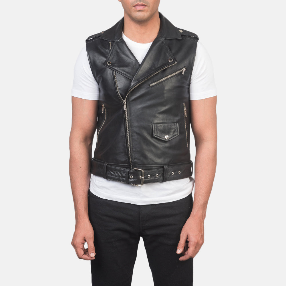 Dettaglio ravvicinato of Notch &amp; Zipper Hardware on Men's Sullivan Nero Leather Biker Vest da Uomo