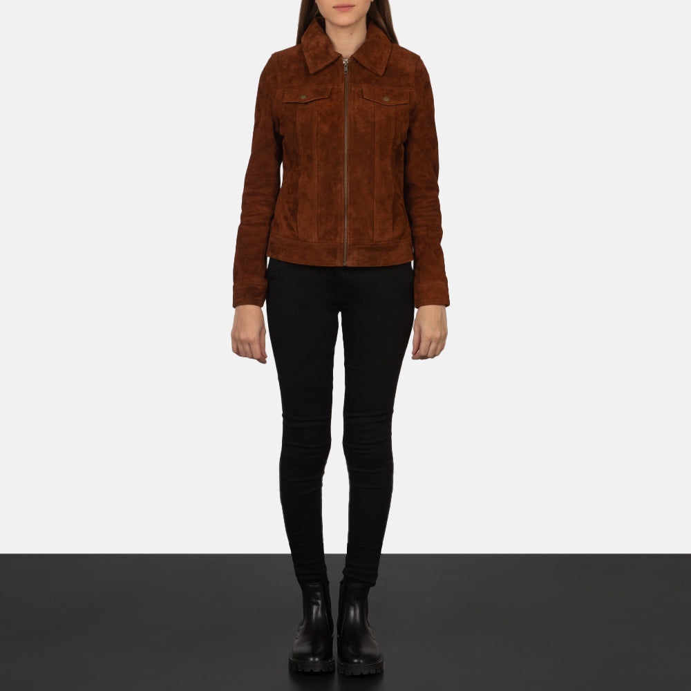 
Dettaglio ravvicinato di colletto & zip su Suzy Brown Suede Trucker Jacket