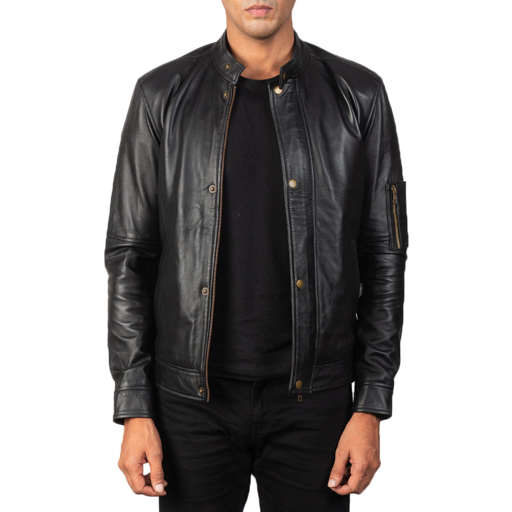 Men's Tea House Nero Giacca Biker in Pelle da Uomo in Black Sheepskin Leather - Vista frontale e linea su misura | Acquista online