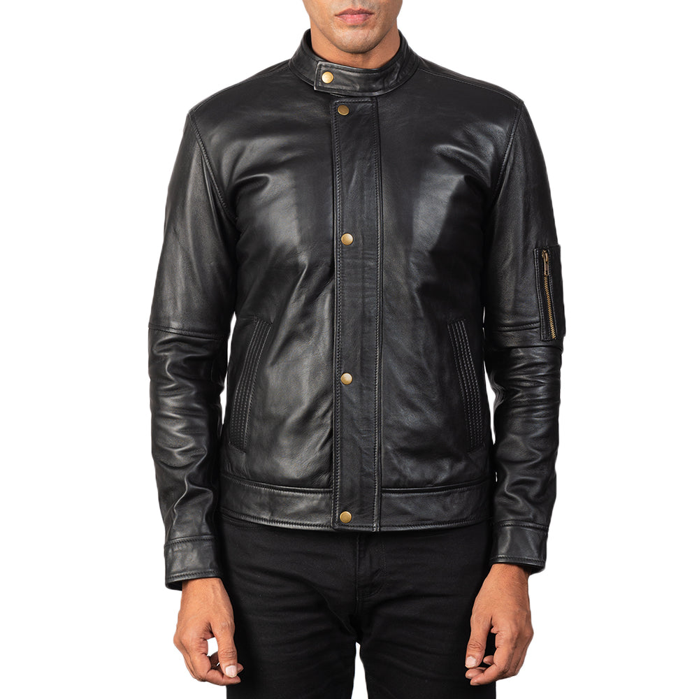 Men's Tea House Nero Giacca Biker in Pelle da Uomo - Lateral Side Profile View Showing Sleeve Cut &amp; Athletic Taper Fit