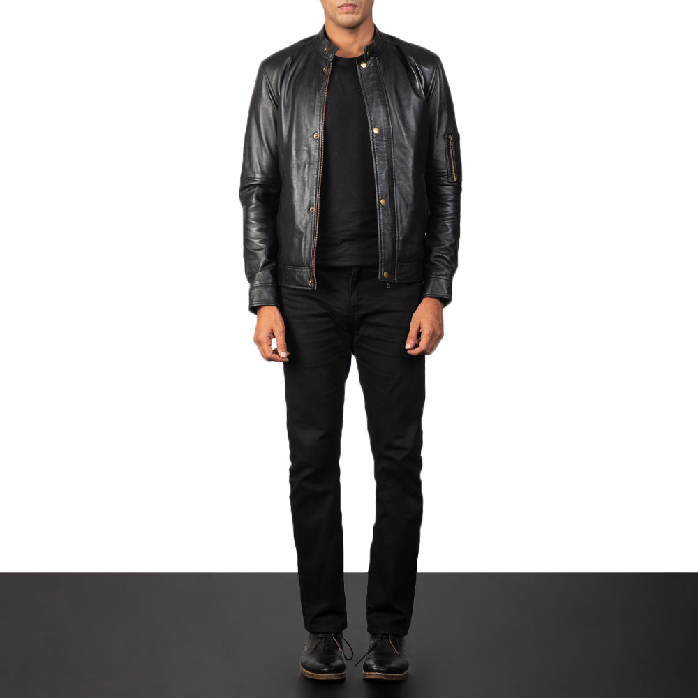 Dettaglio ravvicinato of Band with snap button &amp; Zipper Hardware on Men's Tea House Nero Giacca Biker in Pelle da Uomo