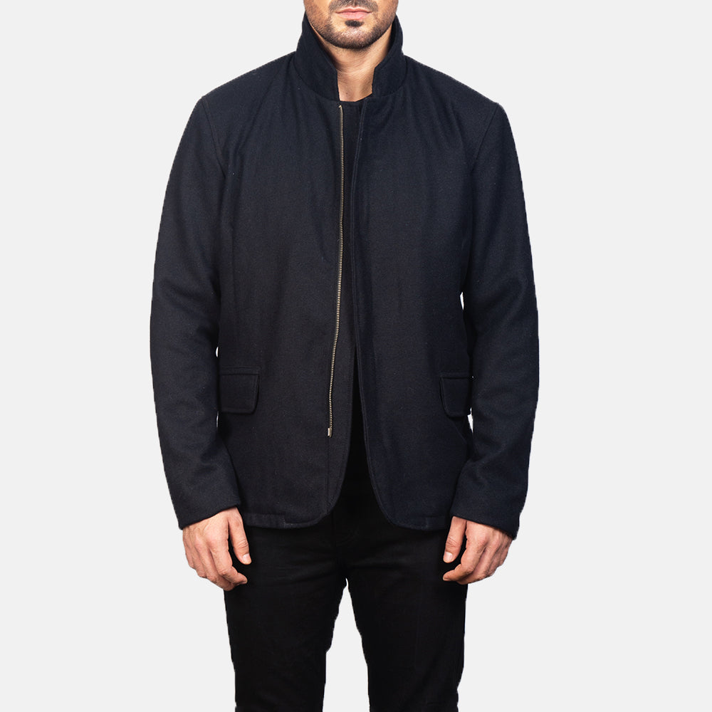 Men's Thomas Nero Wool Giacca in Pelle da Uomo in Black Synthetic Wool - Vista frontale e linea su misura | Acquista online