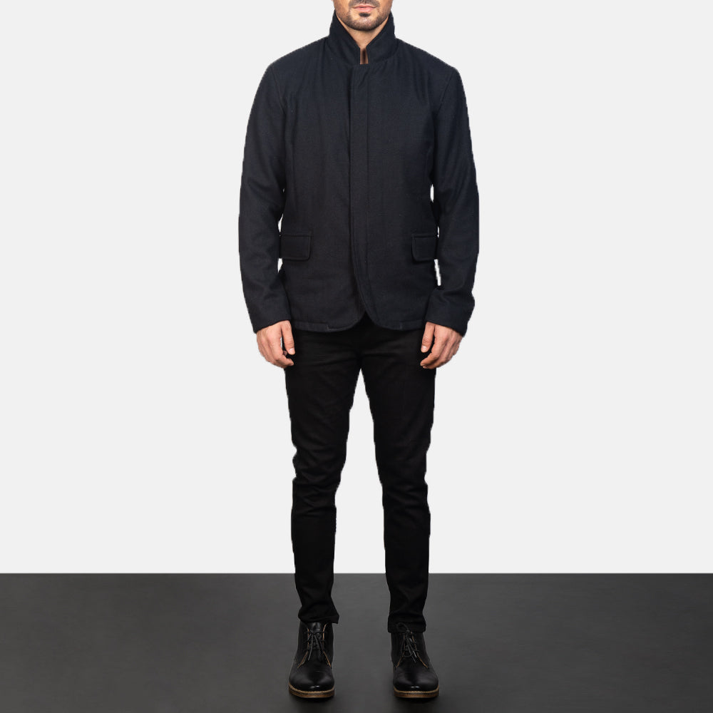 Men's Thomas Nero Wool Giacca in Pelle da Uomo - Lateral Side Profile View Showing Sleeve Cut &amp; Athletic Taper Fit