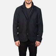 Dettaglio ravvicinato of Nehru &amp; Zipper with Dual Puller Hardware on Men's Thomas Nero Wool Giacca in Pelle da Uomo