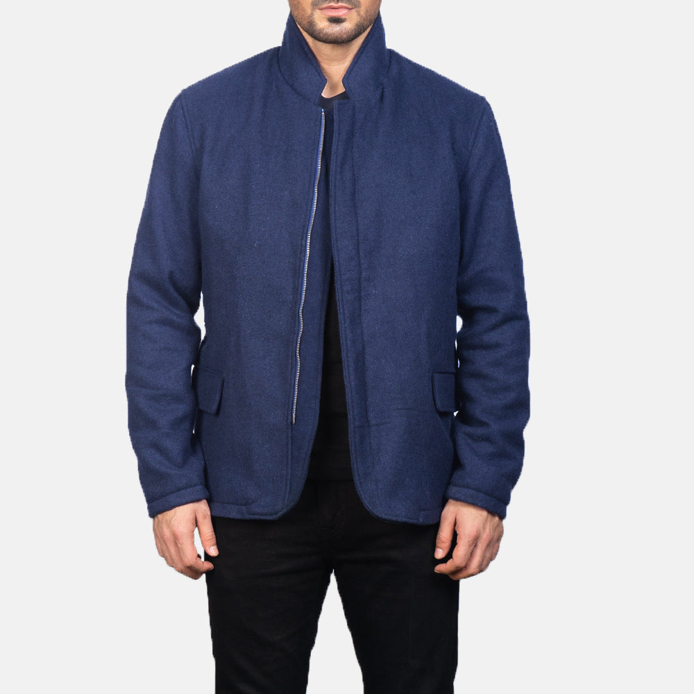 Men's Thomas Blu Wool Giacca in Pelle da Uomo in Navy Blue Synthetic Wool - Vista frontale e linea su misura | Acquista online