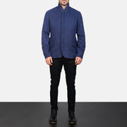 Men's Thomas Blu Wool Giacca in Pelle da Uomo - Lateral Side Profile View Showing Sleeve Cut &amp; Athletic Taper Fit