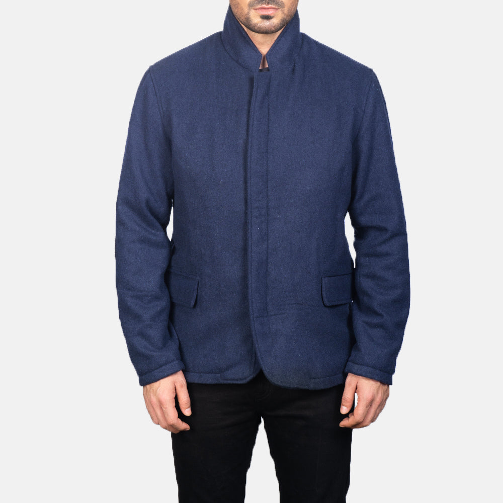 Dettaglio ravvicinato of Nehru &amp; Zipper with Dual Puller Hardware on Men's Thomas Blu Wool Giacca in Pelle da Uomo