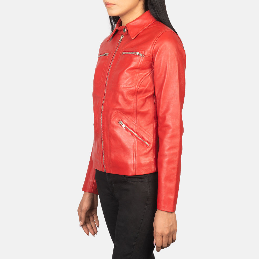 Red Sheep Skin Leather Biker Jacket - Vista posteriore Showing Tailored Shoulder Fit &amp; Clean Hemline