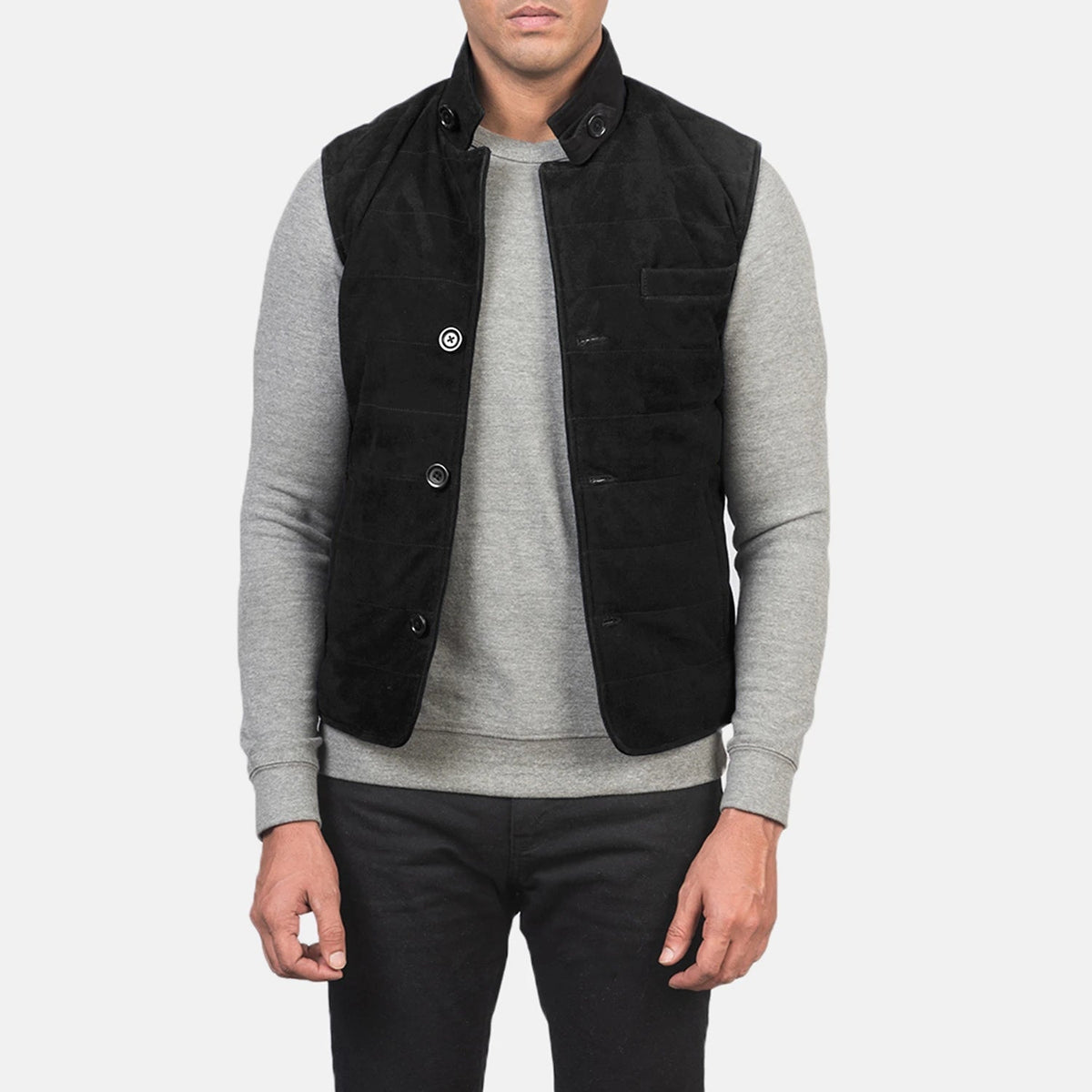 Men's Tony Nero Suede Vest da Uomo in Black Goatskin Suede - Vista frontale e linea su misura | Acquista online
