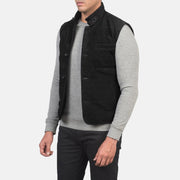 Black Goatskin Suede Leather Vest - Vista posteriore Showing Tailored Shoulder Fit &amp; Clean Hemline