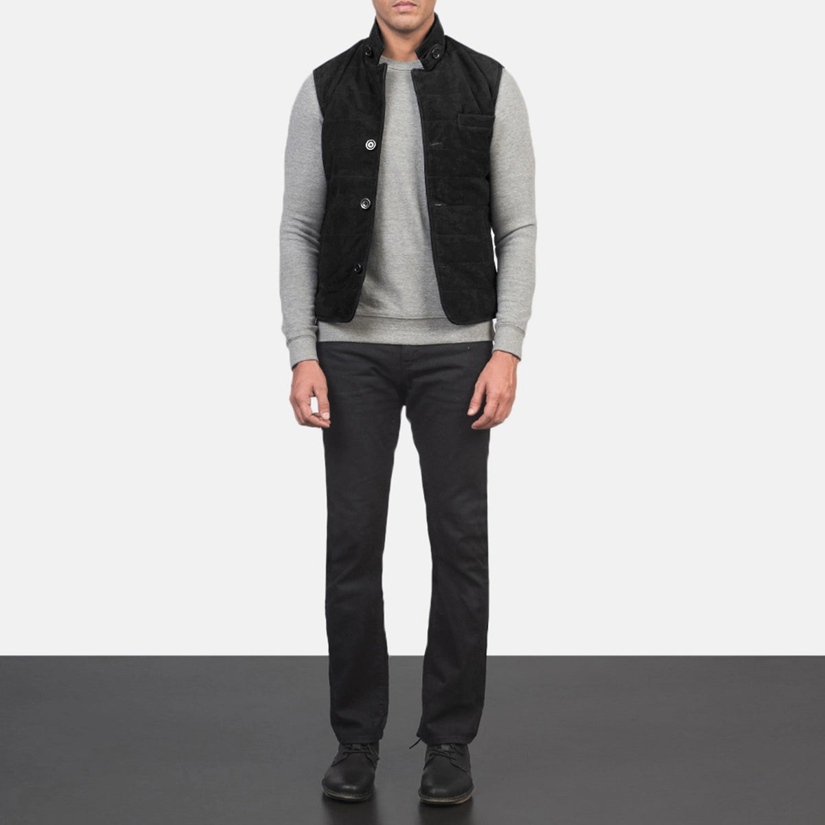 Men's Tony Nero Suede Vest da Uomo - Lateral Side Profile View Showing Sleeve Cut &amp; Athletic Taper Fit