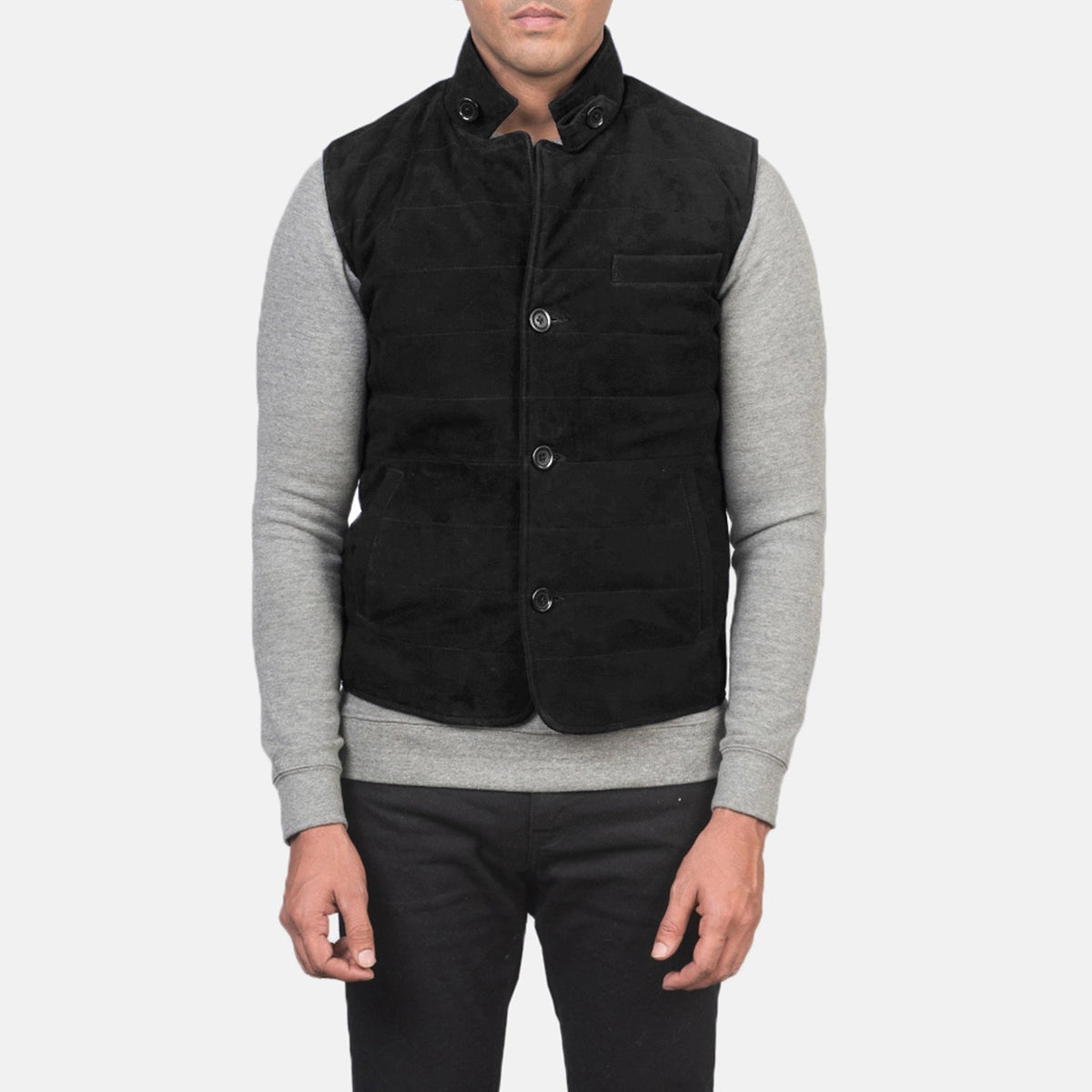 Dettaglio ravvicinato of Notch with removable throat latch &amp; Button Hardware on Men's Tony Nero Suede Vest da Uomo