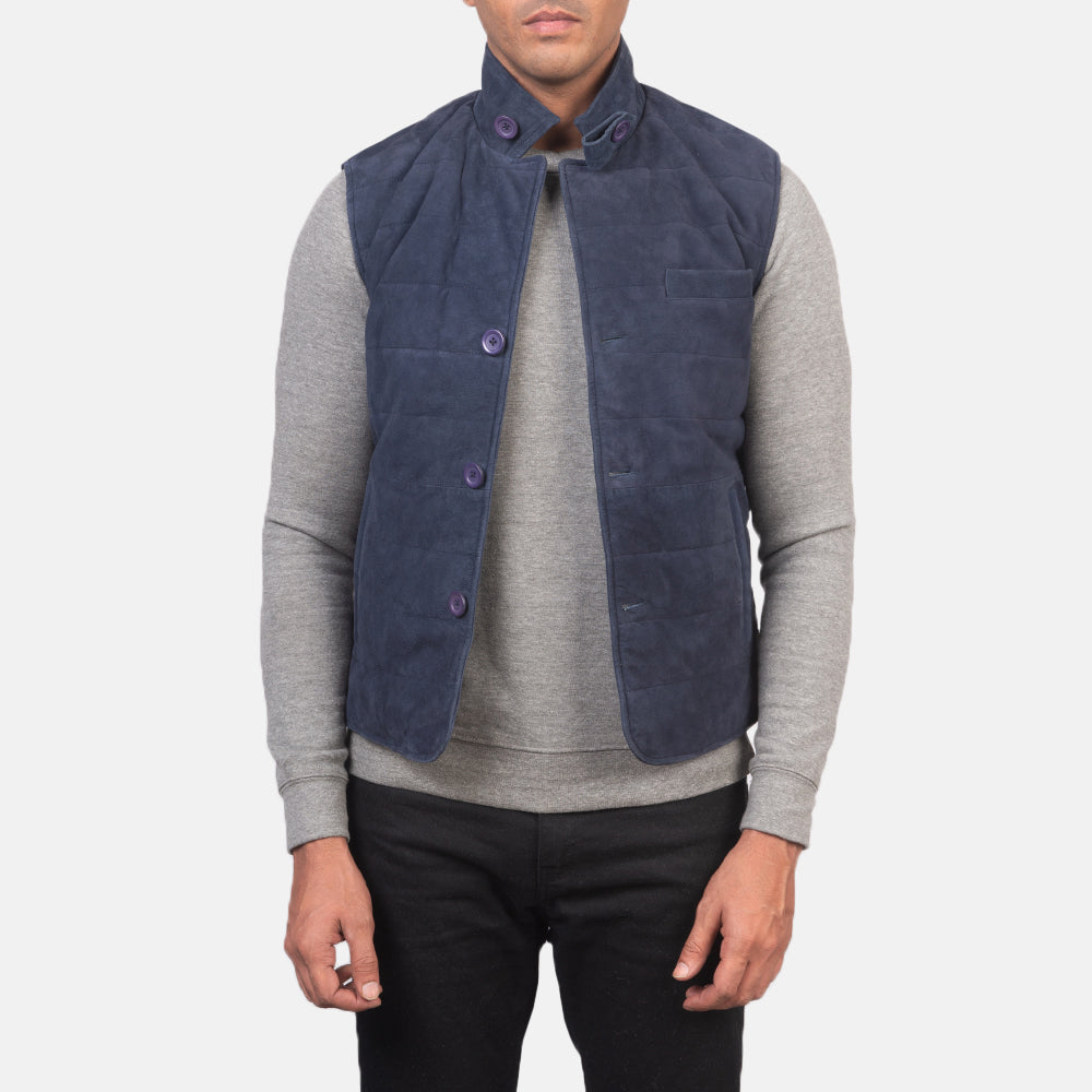 Men's Tony Blu Suede Vest da Uomo in Blue Goatskin Suede - Vista frontale e linea su misura | Acquista online