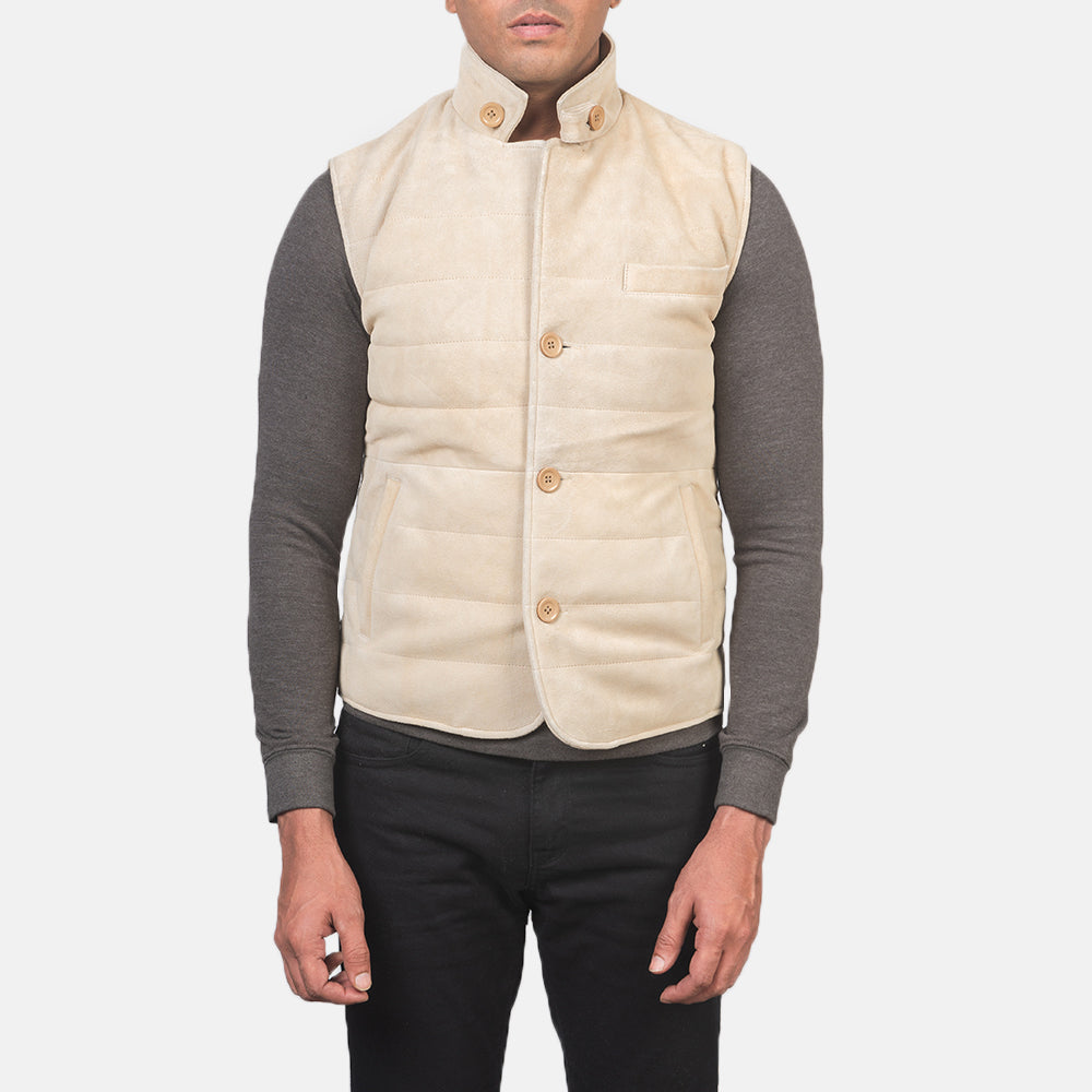 Close-Up Detail of Notch with removable throat latch & Button Hardware on Men's Tony Off-White Suede Vest