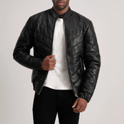 Travis Black Leather Puffer Jacket in Black Sheepskin Leather - Vista frontale e linea su misura | Acquista online