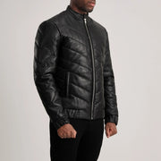 Black Sheepskin Leather Puffer Jacket - Vista posteriore Showing Tailored Shoulder Fit &amp; Clean Hemline
