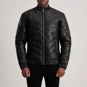 Dettaglio ravvicinato of Classic Collar &amp; Zipper Hardware on Travis Black Leather Puffer Jacket