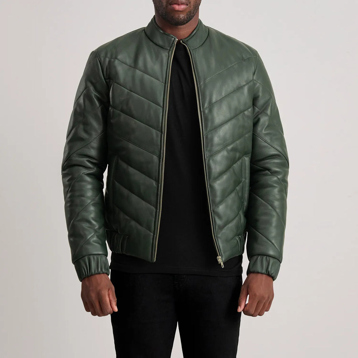 Tailored Rib Cuffs &amp; Hem Craftsmanship Construction Detail on Travis Black Leather Puffer Jacket