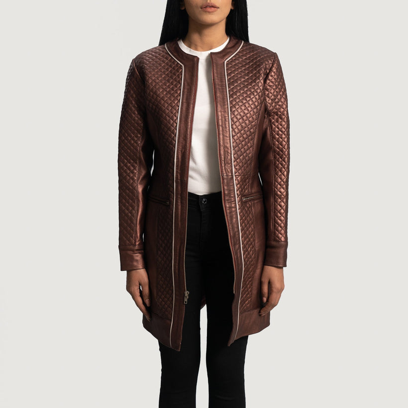 Trudy Lane Trapuntato Bordeaux Cappotto in Pelle da Donna