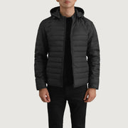 Tyler Nero Hooded Puffer Giacca in Pelle da Uomo in Black Full-Grain Leather - Vista frontale e linea su misura | Acquista online