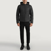 Tyler Nero Hooded Puffer Giacca in Pelle da Uomo - Lateral Side Profile View Showing Sleeve Cut &amp; Athletic Taper Fit