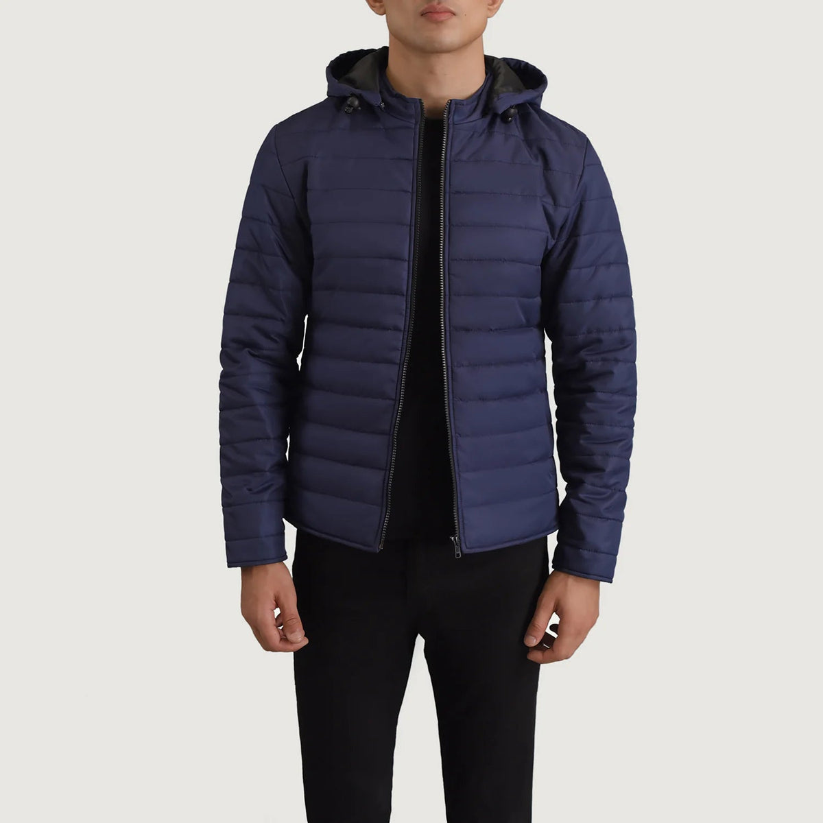 Tyler Blu Hooded Puffer Giacca in Pelle da Uomo in Blue Full-Grain Leather - Vista frontale e linea su misura | Acquista online