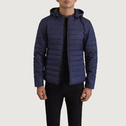 Tyler Blu Hooded Puffer Giacca in Pelle da Uomo in Blue Full-Grain Leather - Vista frontale e linea su misura | Acquista online