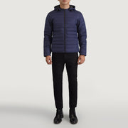 Tyler Blu Hooded Puffer Giacca in Pelle da Uomo - Lateral Side Profile View Showing Sleeve Cut &amp; Athletic Taper Fit