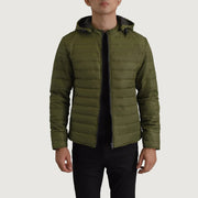 Tyler Verde Hooded Puffer Giacca in Pelle da Uomo in Green Full-Grain Leather - Vista frontale e linea su misura | Acquista online