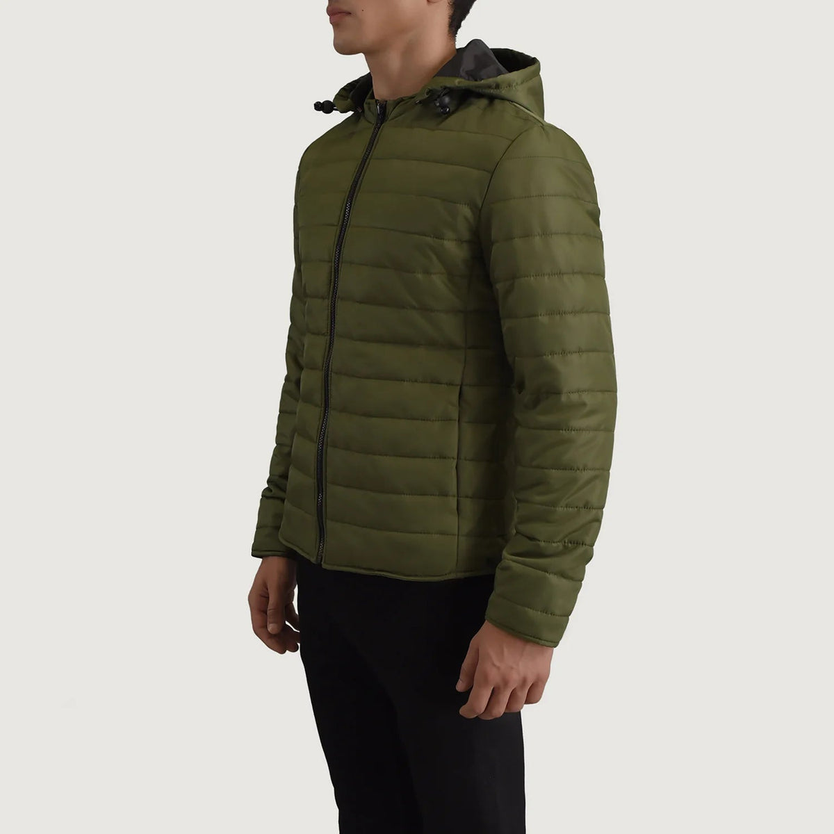 Green Full-Grain Leather Hooded Jacket - Vista posteriore Showing Tailored Shoulder Fit &amp; Clean Hemline