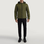 Tyler Verde Hooded Puffer Giacca in Pelle da Uomo - Lateral Side Profile View Showing Sleeve Cut &amp; Athletic Taper Fit