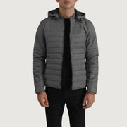 Tyler Grigio Hooded Puffer Giacca in Pelle da Uomo in Grey Full-Grain Leather - Vista frontale e linea su misura | Acquista online