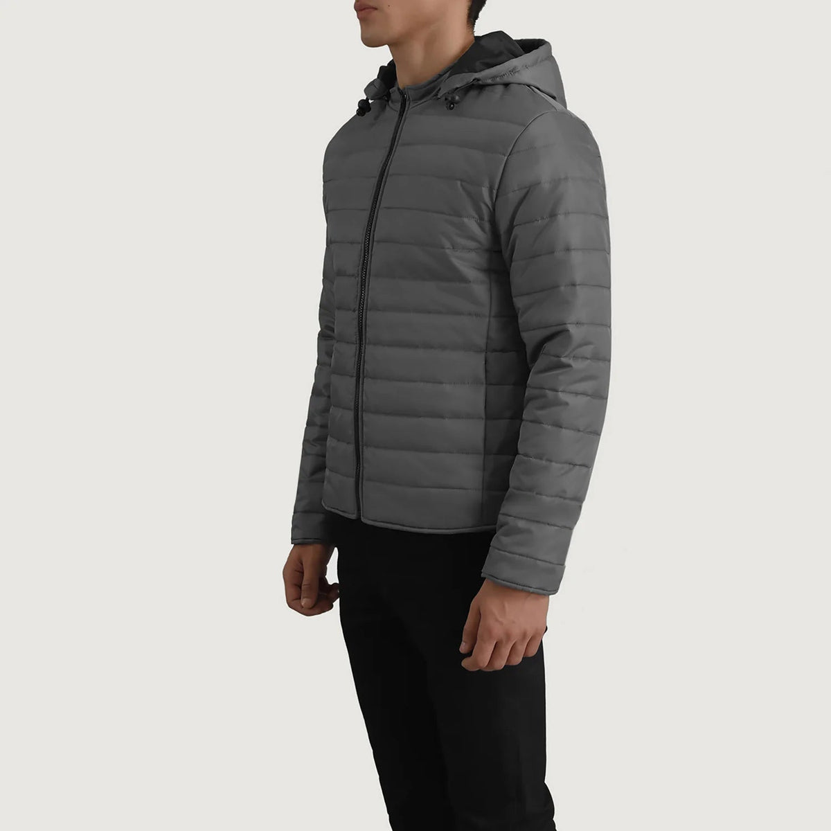 Grey Full-Grain Leather Hooded Jacket - Vista posteriore Showing Tailored Shoulder Fit &amp; Clean Hemline