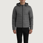 Dettaglio ravvicinato of Classic Collar &amp; Zipper Hardware on Tyler Grigio Hooded Puffer Giacca in Pelle da Uomo