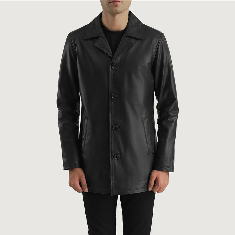 Men's Urban Slate Black Leather Coat in Black Cowhide (Lt-071) Leather - Front Profile View & Tailored Silhouette | Buy Online