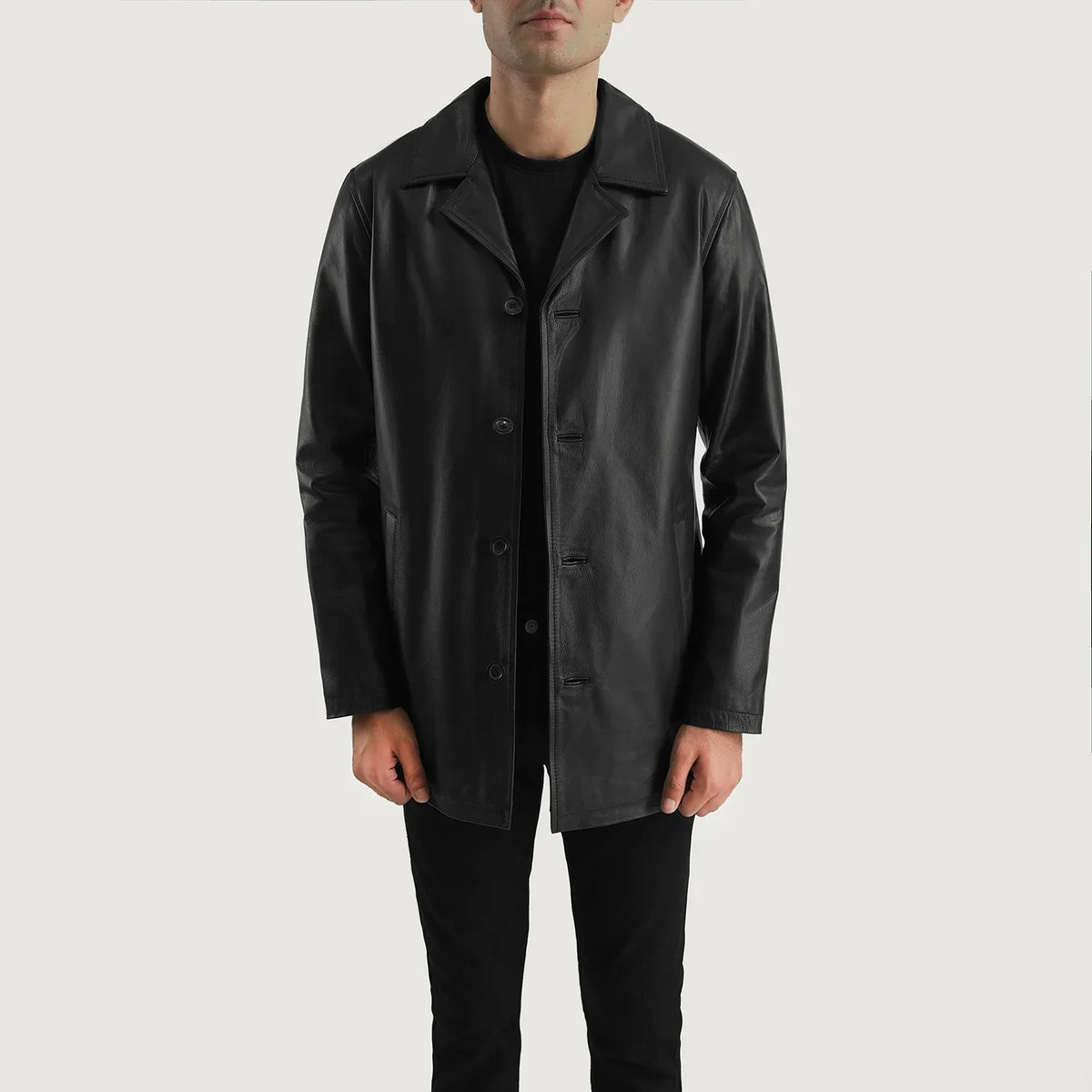 Black Cowhide (Lt-071) leather Coat - Vista posteriore con spalle sartoriali e orlo pulito