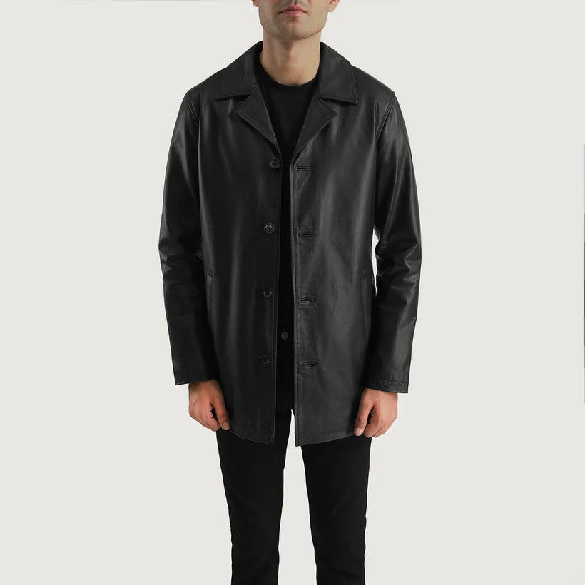 Black Cowhide (Lt-071) leather Coat - Back View Showing Tailored Shoulder Fit & Clean Hemline