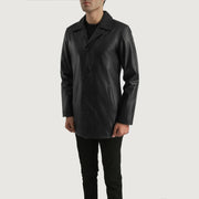 Dettaglio ravvicinato of Notch &amp; Button Hardware on Urban Slate Nero Cappotto in Pelle da Uomo