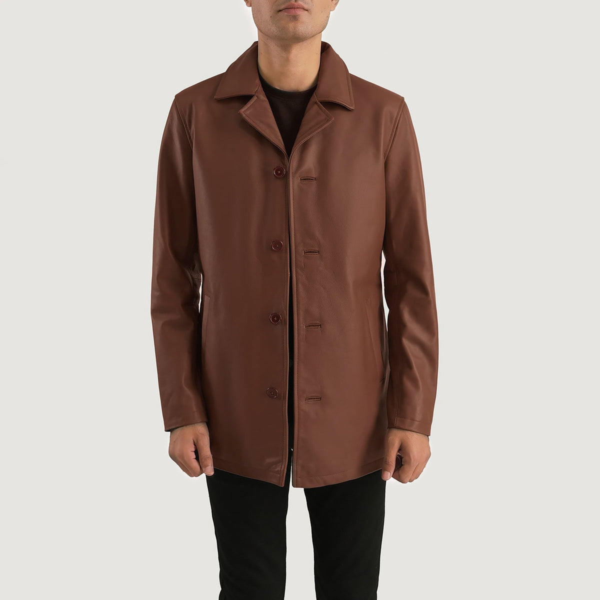 Dettaglio ravvicinato of Notch &amp; Button Hardware on Urban Slate Marrone Cappotto in Pelle da Uomo