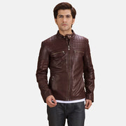 Urbane Trapuntato Bordeaux Giacca Biker in Pelle da Uomo in Maroon Sheepskin Leather - Vista frontale e linea su misura | Acquista online